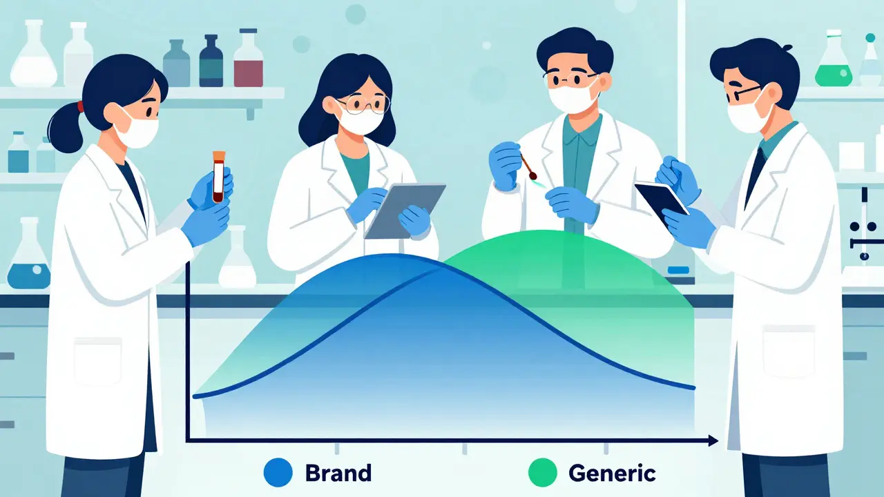 Stylized lab scene showing similar drug absorption curves for brand and generic pills.