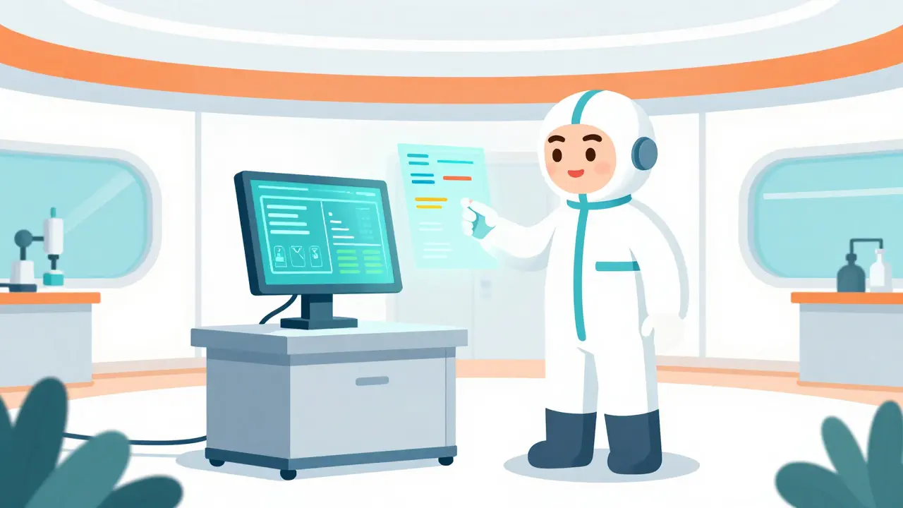 Stylized worker using tech monitors in a modern pharmaceutical facility