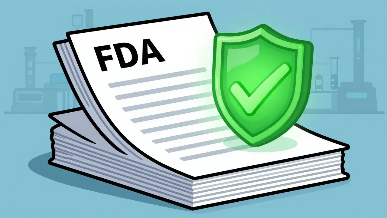 Abstract art of FDA approval process turning documents into a safety shield