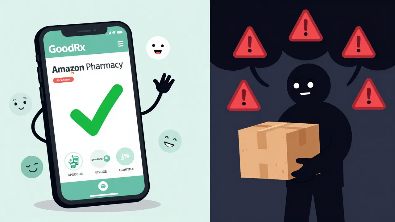 Comparison of safe online pharmacies vs risky international sellers in cartoon art