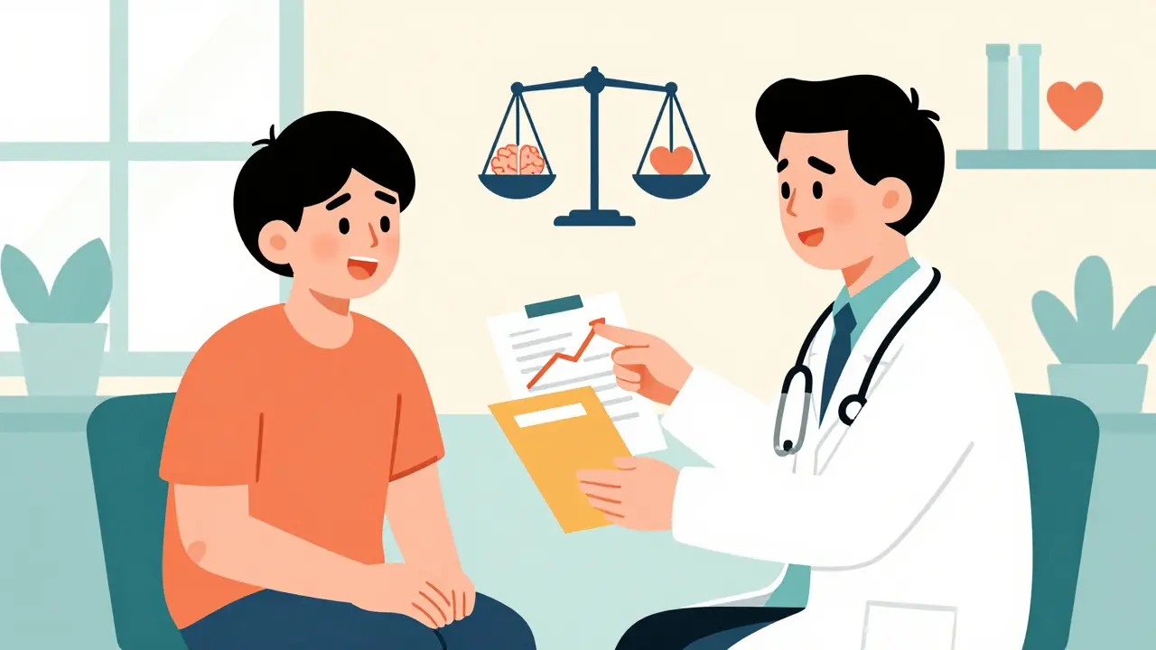 Doctor and patient discussing medication alternatives in bright office
