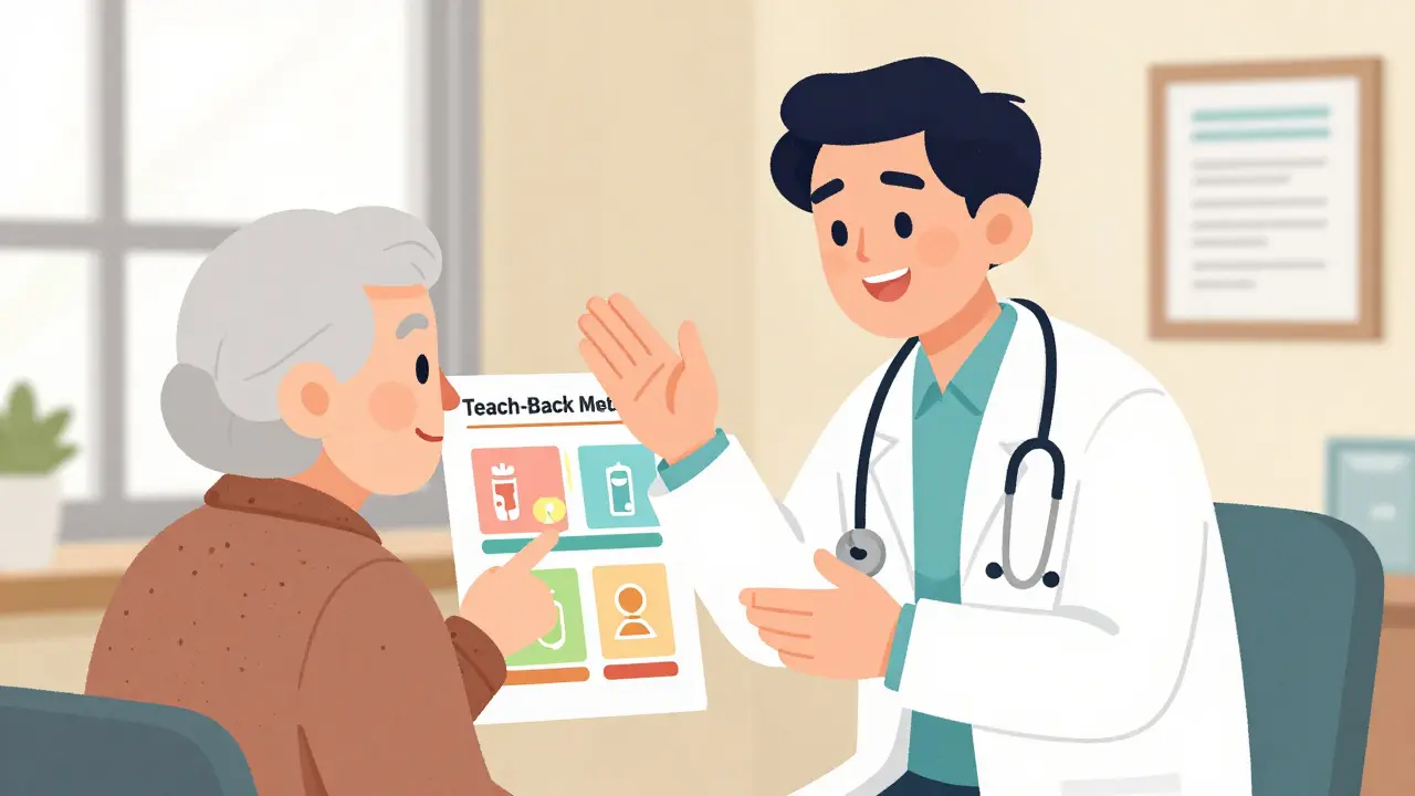 Doctor helping senior understand meds via teach-back