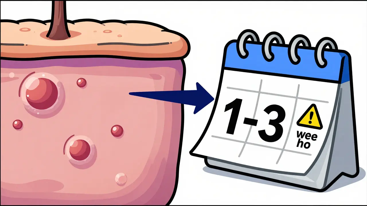 Illustration of blistering skin rash and timeline for drug reaction