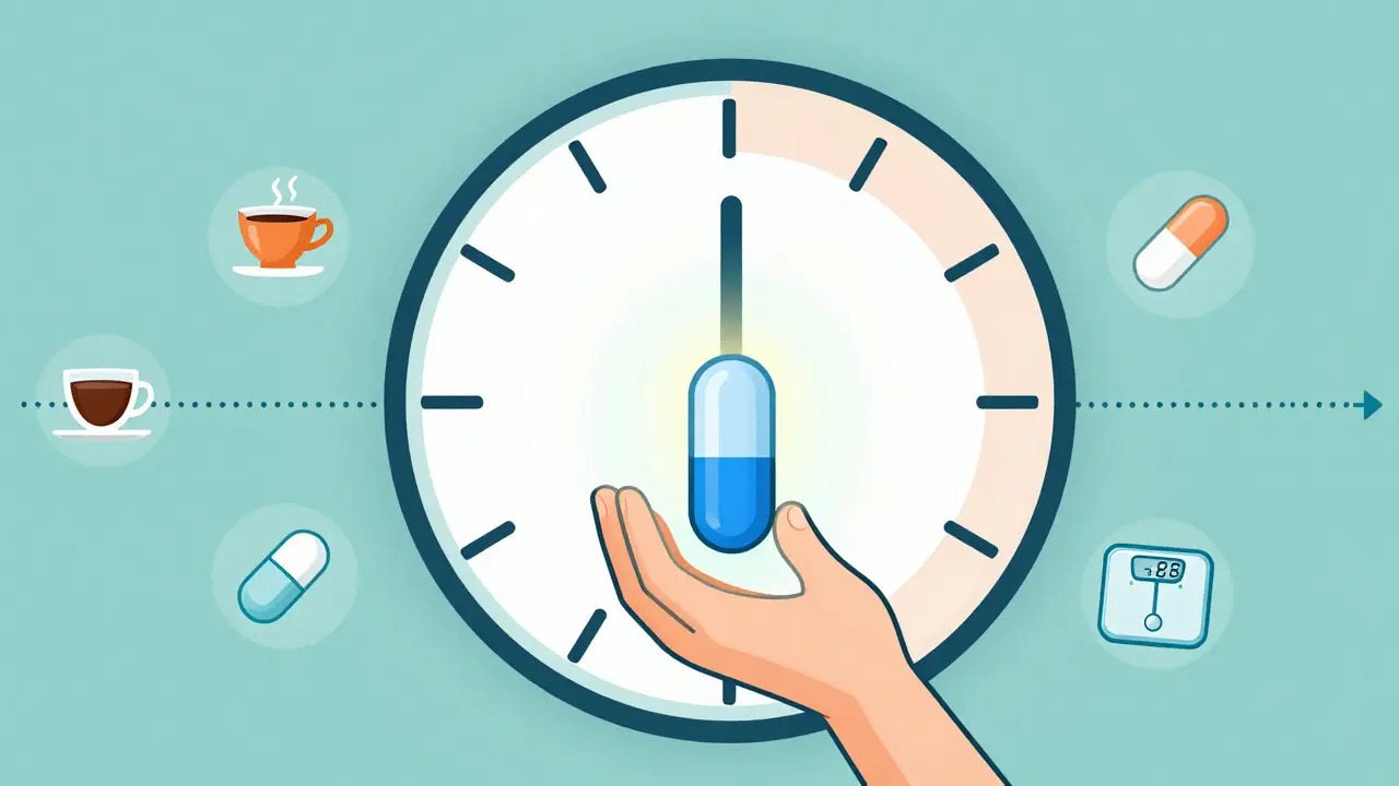 Illustration of thyroid medication management, highlighting timing and avoiding food interactions
