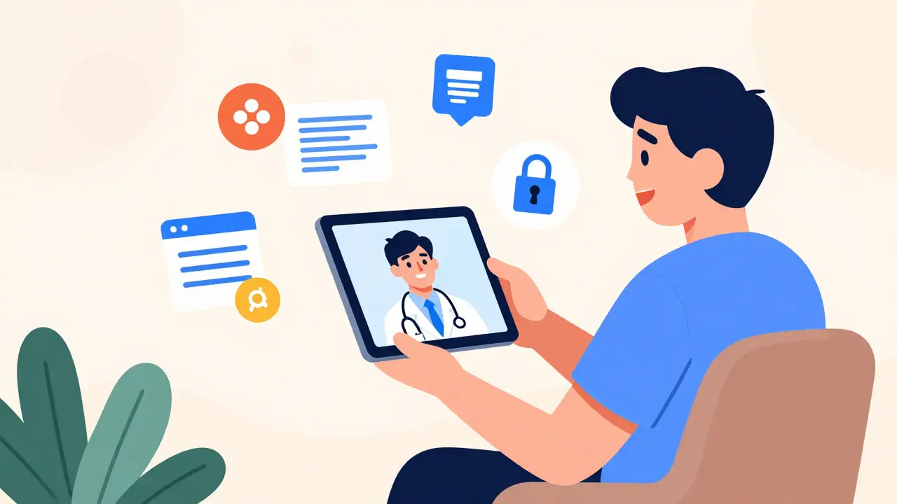 Patient consulting a doctor via tablet for an e-prescription in Atoomstijl style