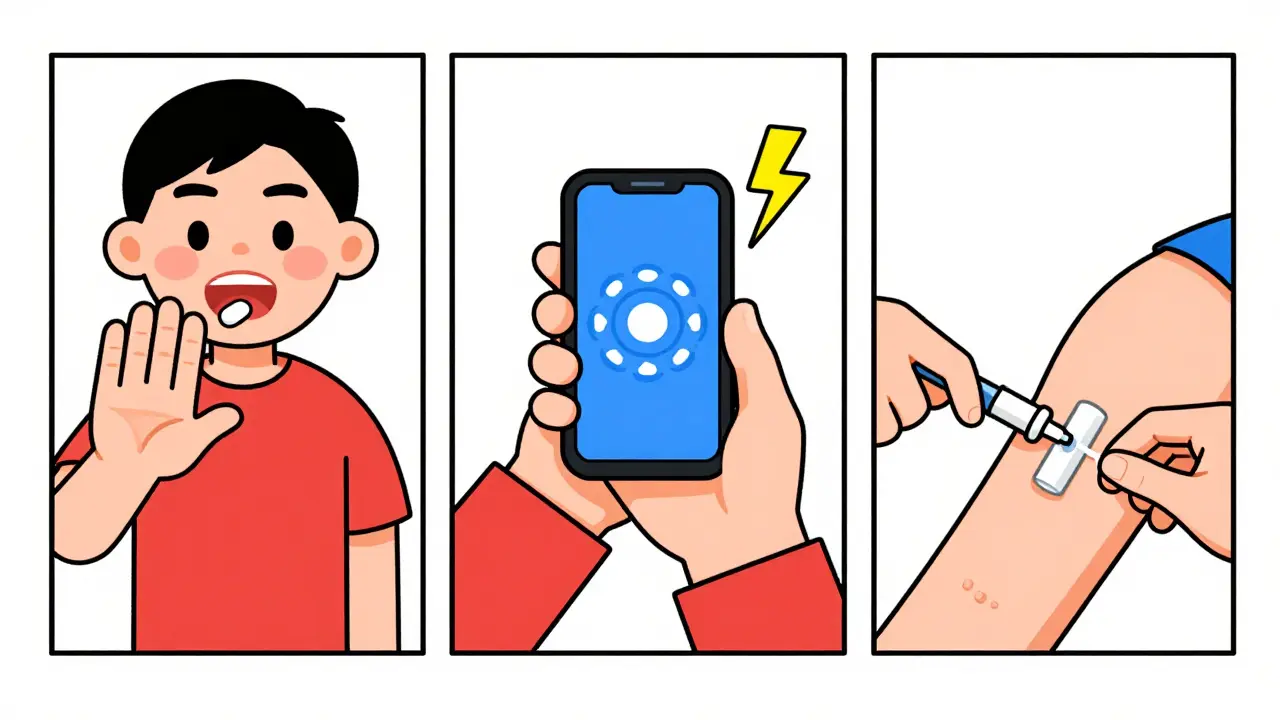 Step-by-step cartoon guide for calling emergency and using EpiPen