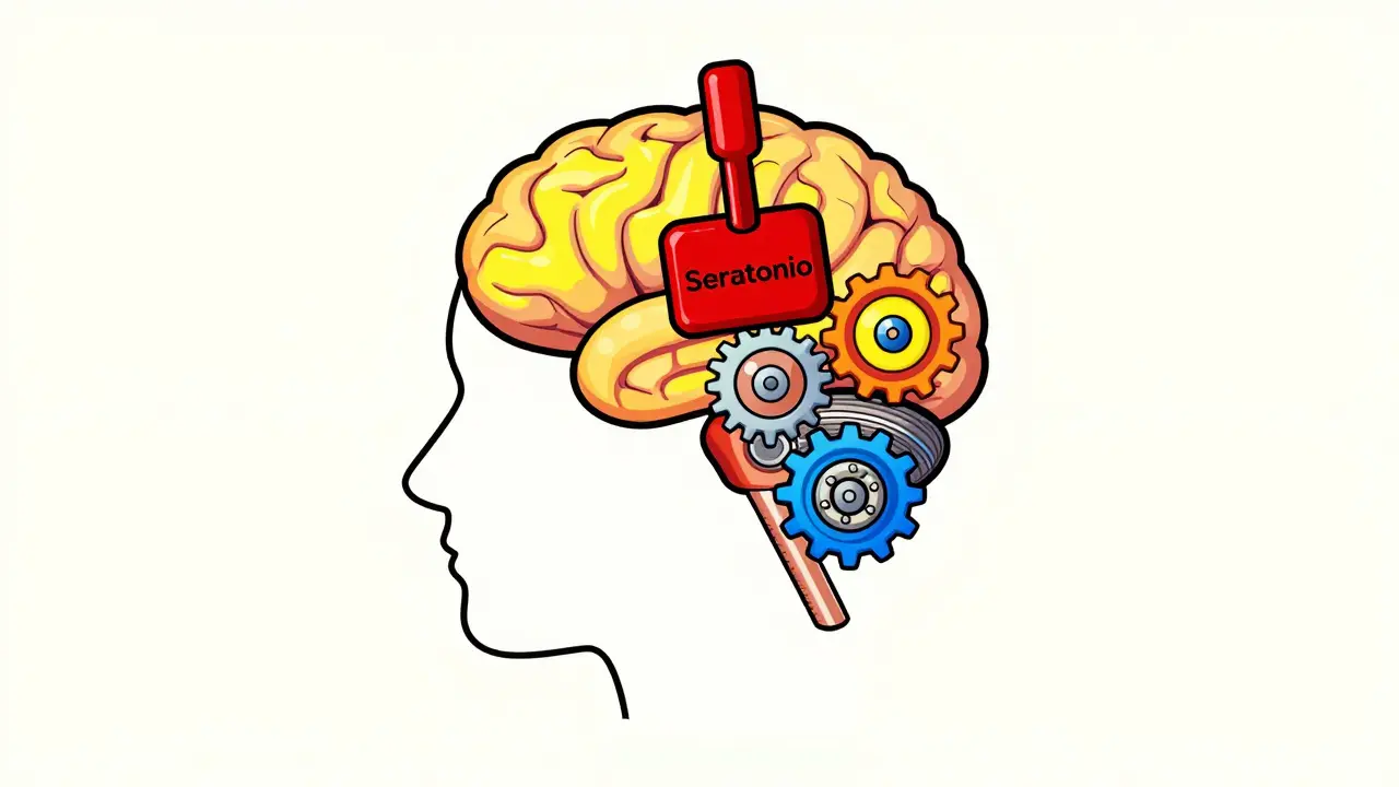 Stylized brain diagram showing serotonin braking dopamine mechanisms