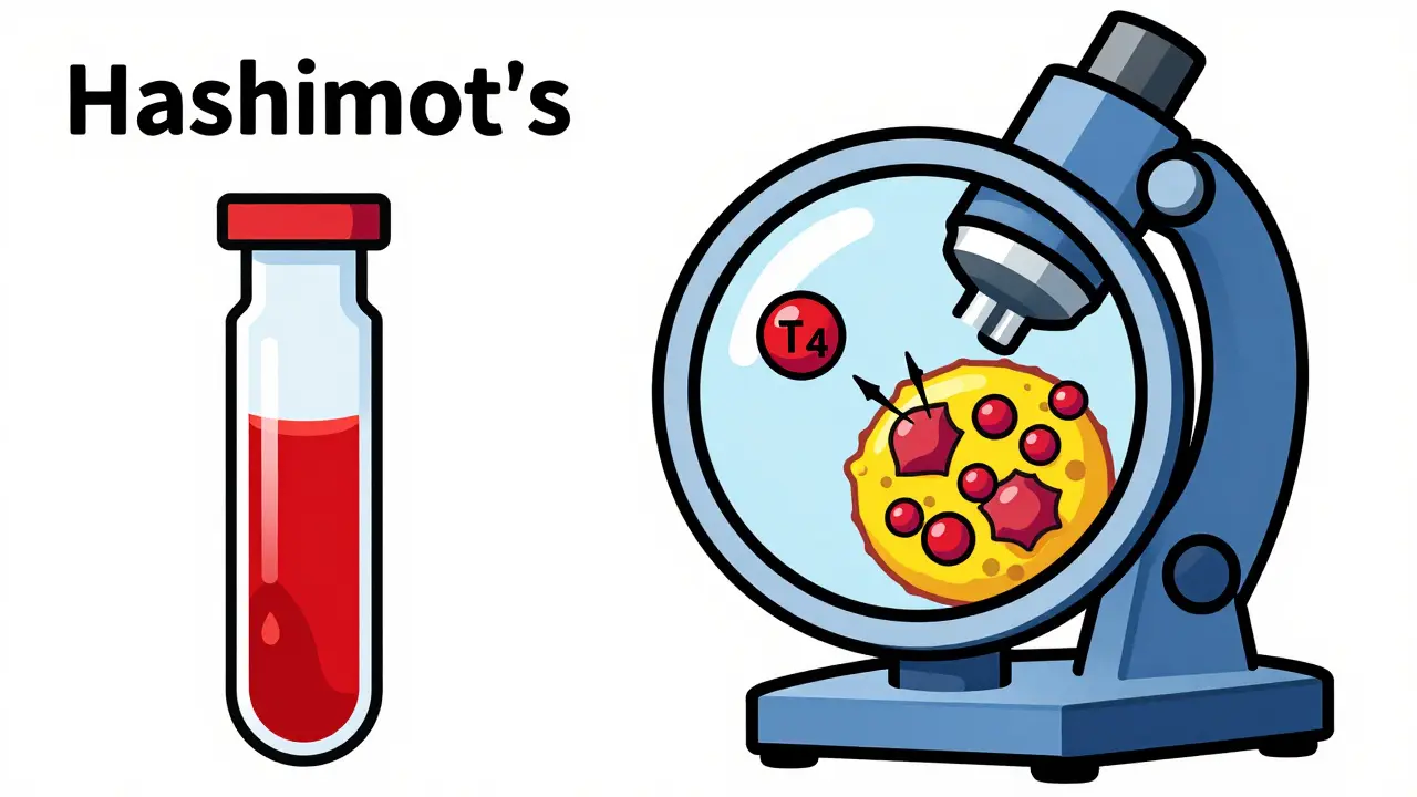 Stylized medical illustration of blood test results showing antibodies attacking thyroid cells