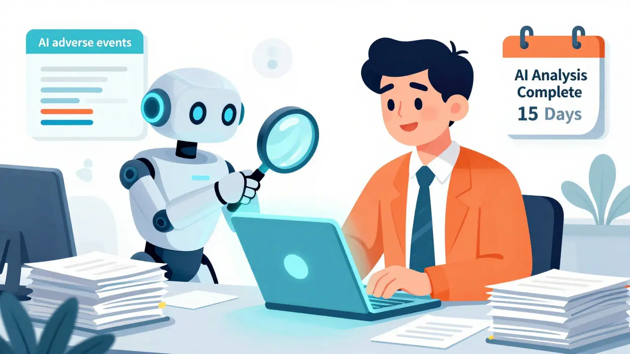 Cartoon of AI robot helping manager digitize safety reports for faster compliance.
