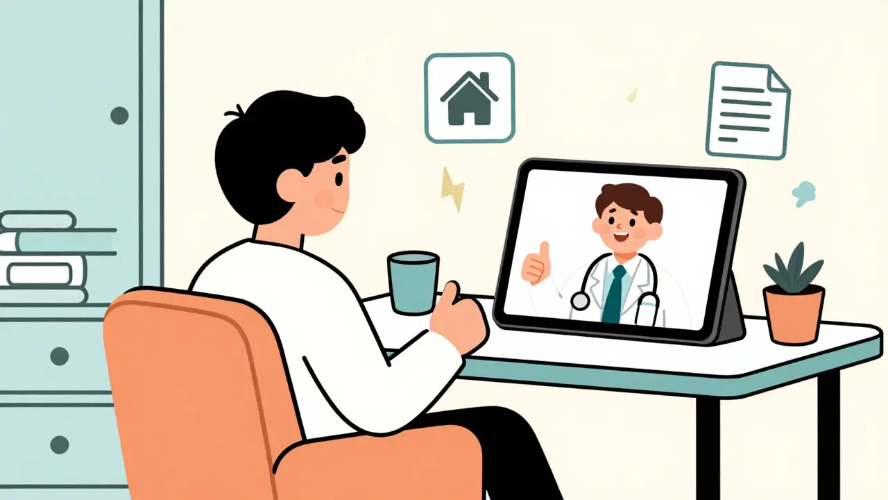 Cartoon of patient using telehealth app to get prescription from doctor