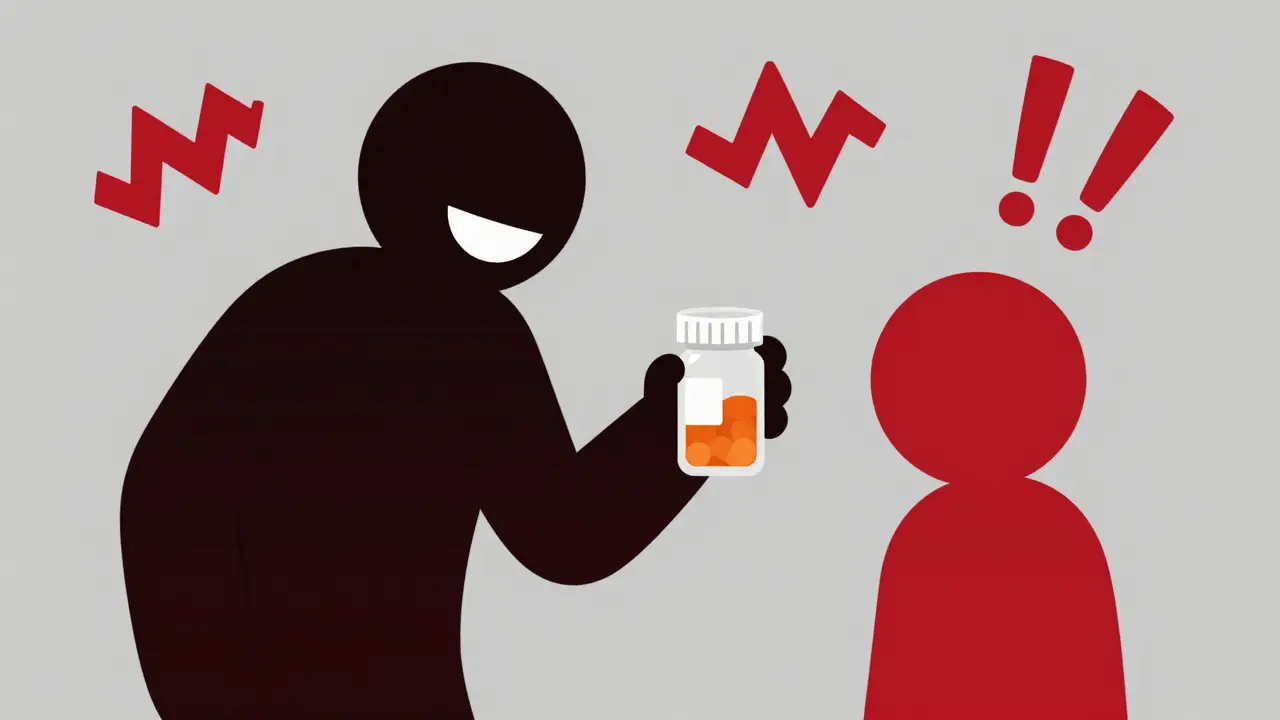 Cartoon warning about fake online pharmacies and scam risks