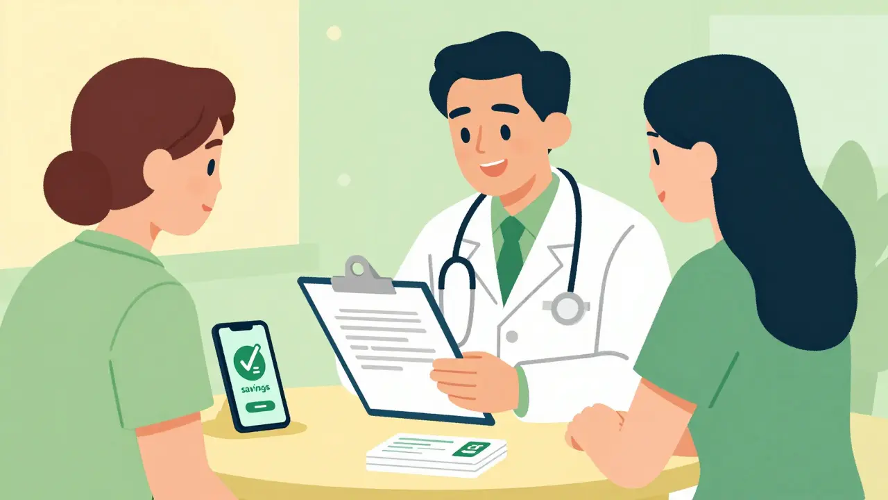 Doctor and patient discussing affordable care options, cartoon art
