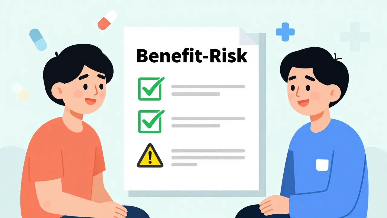 Doctor and patient reviewing simple visual risk-benefit icons