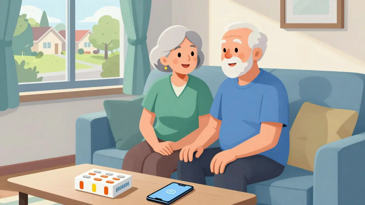 Happy elderly couple enjoying health benefits of med sync