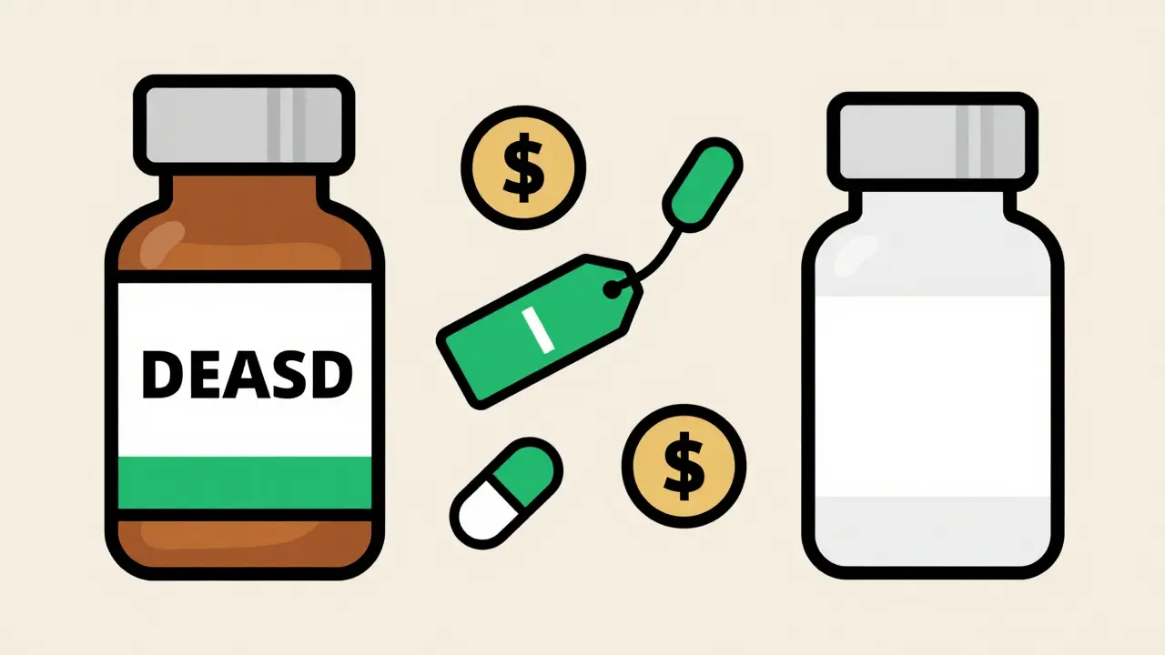 Illustration comparing expensive brand pills with affordable generic options