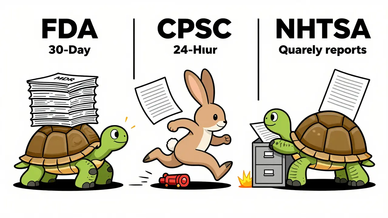 Illustration comparing FDA, CPSC, and NHTSA reporting deadlines using animals and documents.