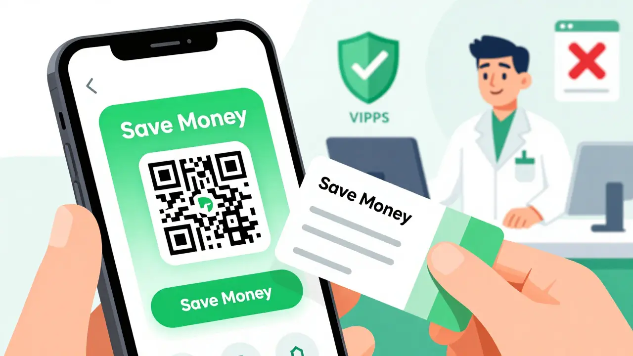 Illustration showing discount coupons and safe pharmacy verification icons