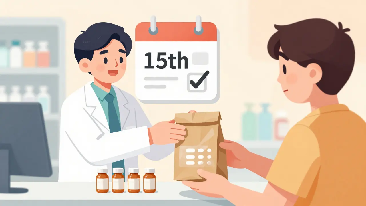 Pharmacist handing synced medications to a relieved patient