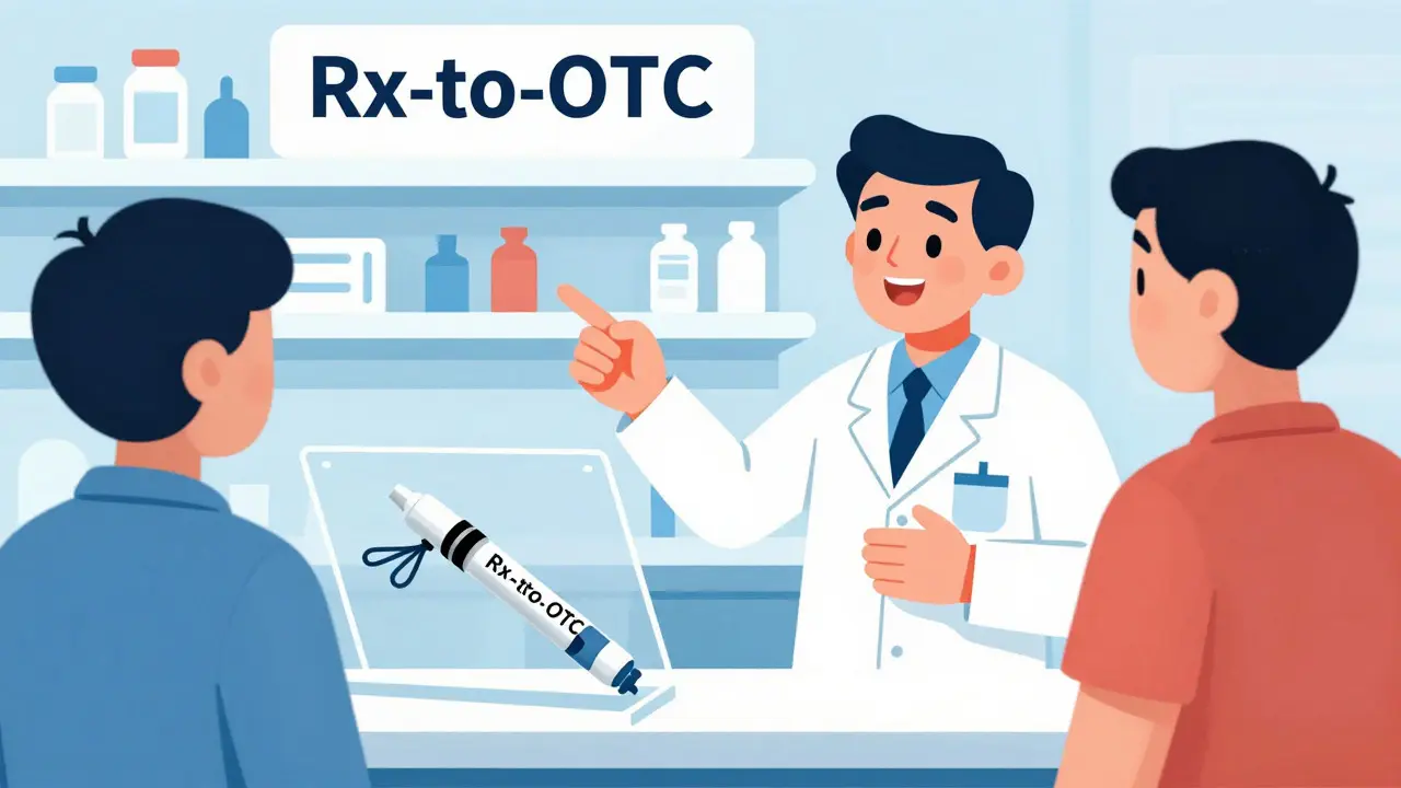 Pharmacist showing moved EpiPen from counter to open shelf