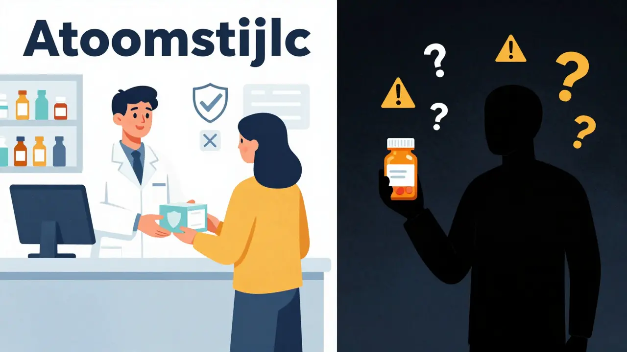 Split illustration comparing safe pharmacy vs risky online site